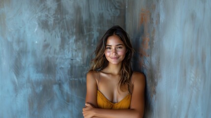 Young Latina woman with a warm smile, dressed in a yellow top, stands against a textured blue background, conveying confidence and contentment.