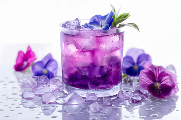 pink cocktail with ice and violets on a white background