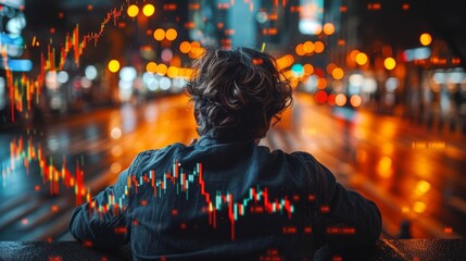 Rear view of a stressed business man viewing vibrant stock market graphs at night. The city lights blur in the background, highlighting his investment focus. - obrazy, fototapety, plakaty