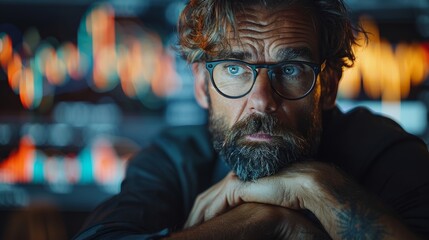 Fototapeta premium Business man with glasses looks pensively in an office with ambient lighting. His tattooed arms and intense gaze indicate stress and deep thought.