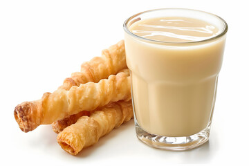Glass of milk and croissants on white background, closeup