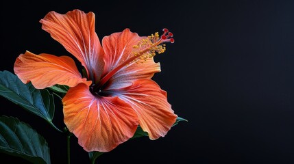   A tight shot of a vibrant orange bloom against a black backdrop, with a green foliage plant bringing texture in the foreground