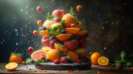 Obraz na płótnie Canvas create amazing ,food photography, fruits annd vegetables flying, bananas, bell peppers, apples, oranges, lemons, herbs Hasselblad, film, moody, award winning photography poster.