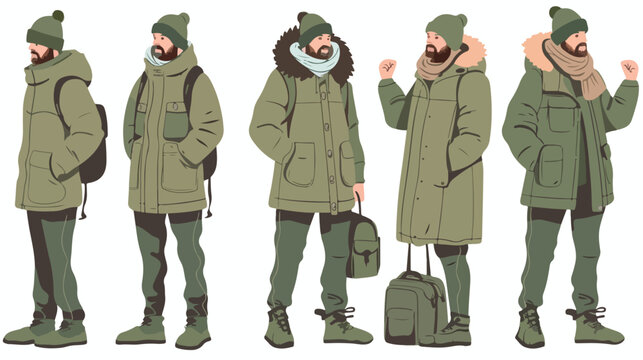Frozen man in khaki color winter clothes warming hand