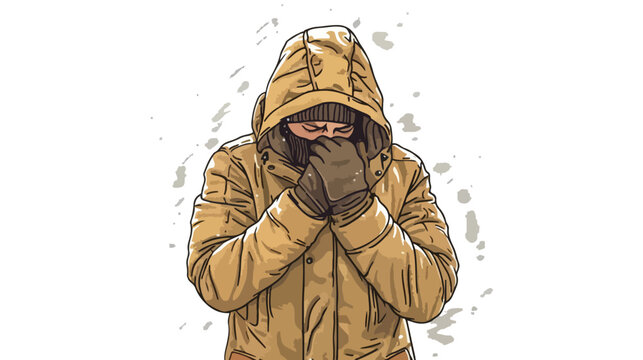 Frozen man in khaki color winter clothes warming hand