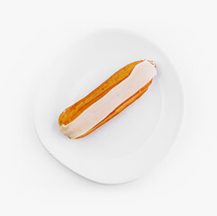 Fresh eclair on white plate isolated on white background