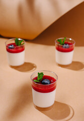 Elegant panna cotta dessert with berry sauce and fresh mint