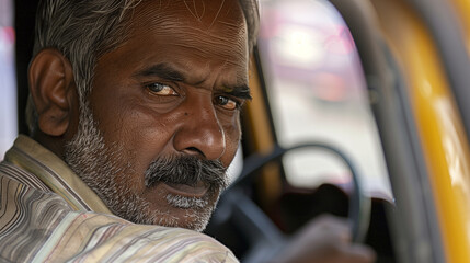copy space, stockphoto, close-up of a middle aged indian taxi driver in his taxi. Male Indian...