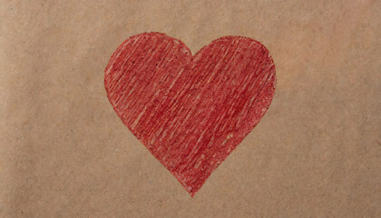 Hand-drawn heart shape with red crayon on textured brown paper, symbolizing love and care.