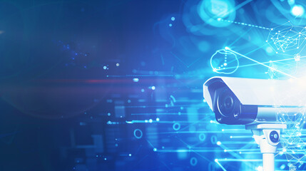 Naklejka premium Futuristic White Security Camera with Network Interface and Data Streams