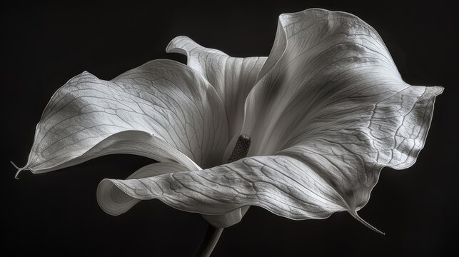   A monochrome image of a flower against a black backdrop, featuring soft focus centred on the bloom