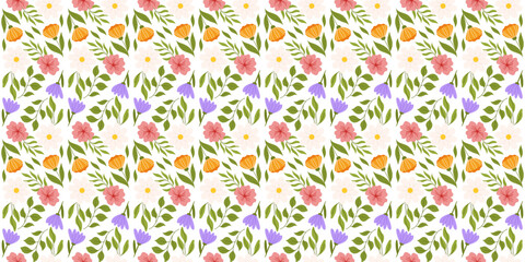 Fototapeta na wymiar Seamless arrangement featuring floral elements. Botanical-inspired recurring design with lilac, orange, and white flowers, pink cherry blossom, diverse leaves.
