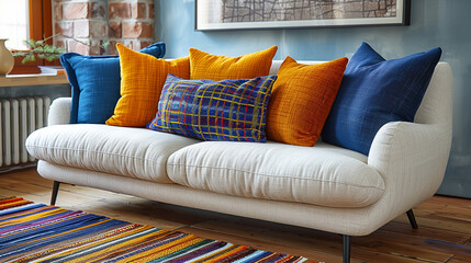 Eclectic living room sofa colorful throw pillows, mix of textures and patterns, 3d render, generative ai.