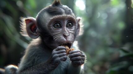 A primate with fur is snacking on grass in the jungle - obrazy, fototapety, plakaty