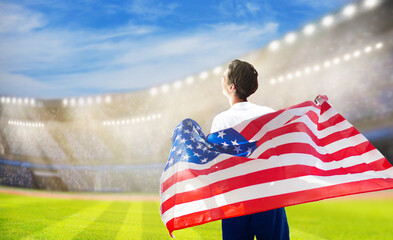 USA team supporter on stadium. American fans. - 789934885
