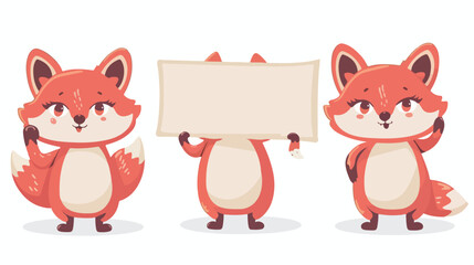 Red cute foxes holding empty banner placard with place
