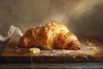 Fresh croissant and butter on rustic wooden table