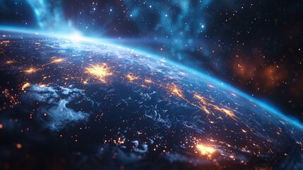 Earth with clouds, dark space with stars, connectivity, environmental protection, communication, networking, visualization, iot, blockchain, Earth