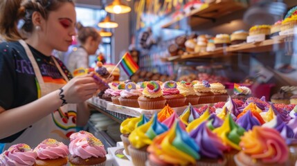Baker decorating vibrant rainbow cupcakes for a Pride celebration at a bakery