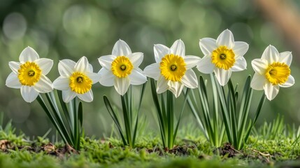 Fototapeta premium White and yellow blooms dot a verdant swath of grass Behind, a forest backdrop looms