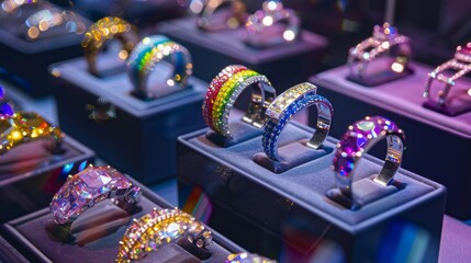 Array of dazzling rainbow gemstone bracelets on display in luxury jewelry store - obrazy, fototapety, plakaty