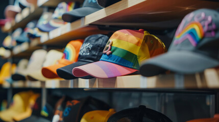 Assorted Pride-themed caps displayed in a shop celebrating diversity and inclusion - obrazy, fototapety, plakaty