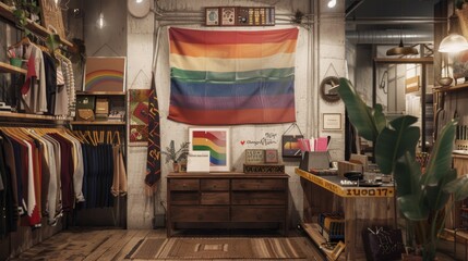 Cozy boutique interior with large Pride flag, promoting inclusion and diversity in fashion