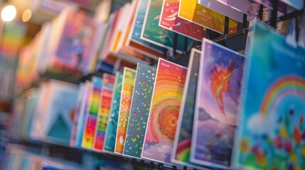 Fototapeta na wymiar Vibrant greeting cards showcasing rainbow themes on a display rack in a stationery shop