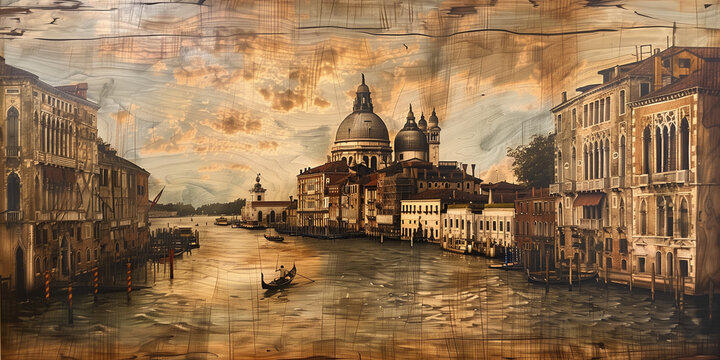Paesaggio veneziano inciso su una tavola di legno. Venezia.
