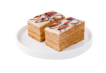 Delectable honey cake slices on white plate