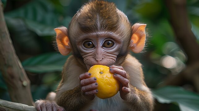 Baby primate using its thumb and snout to eat orange from tree branch