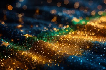 black background with Brazil flag colors in glitter and bokeh