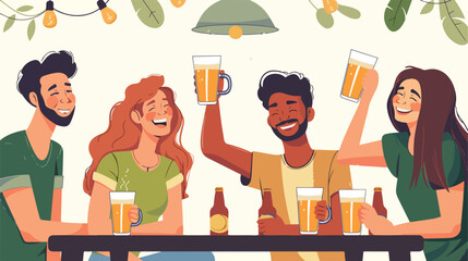 Group of happy friends drinking and toasting beer at