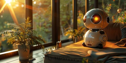 Cute smart home devices as animated, helpful sidekicks in a user's cozy, futuristic living space - obrazy, fototapety, plakaty