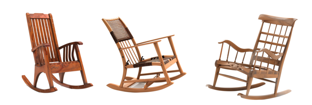set of different wooden rocking chairs, each from different cultural backgrounds, isolated on transparent background