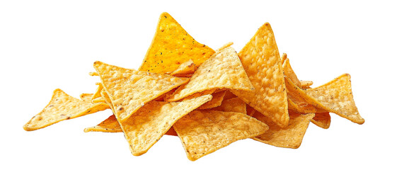 Pile of tortilla pieces and crumbs, pieces of tortilla chips looking delicious on white background. Design elements isolated background.