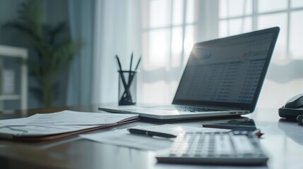 Laptop and reports on the office table