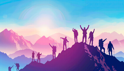 Teambuilding banner, reaching goals together and overcoming obstacles. - obrazy, fototapety, plakaty