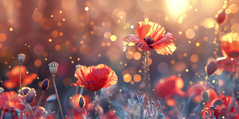 Red poppy flowers on bokeh background - Ai Generated