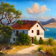 Greek Oil Painting Of House With Veranda
