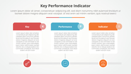 KPI key performance indicator model infographic concept for slide presentation with big table on timeline style horizontal with 3 point list with flat style
