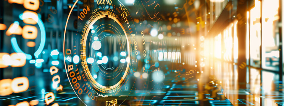 Futuristic Technological Interface with Binary Code and Holographic Projections