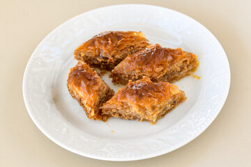 Turkish Dessert Sobiyet  Baklava, mussels baklava and classic baklava with Pistachio . Cevizli, Fistikli Baklava, top view.