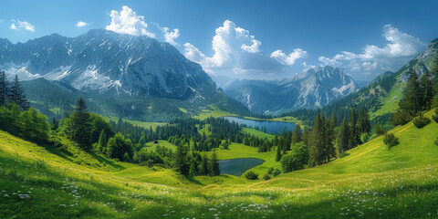 Fototapeta na wymiar Beautiful green grassy mountain landscape with blue sky and clouds in the background,