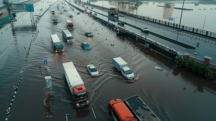 Flooded cars and roads in the city