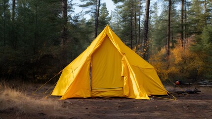  A yellow tent was set up in the forest, photographed from outside