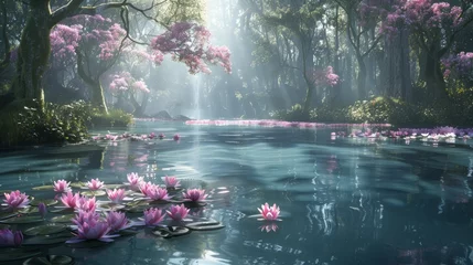 Foto op Canvas   A painting of a pink-hued pond filled with water lilies and their floating pads in front, accompanied by trees in the backdrop © Mikus