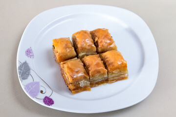 Turkish Dessert Sobiyet  Baklava, mussels baklava and classic baklava with Pistachio . Cevizli, Fistikli Baklava, top view.