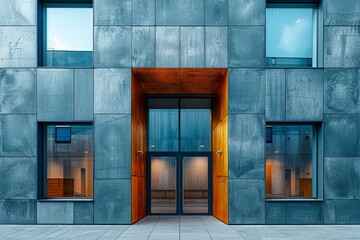 Architectural shot of a modern building's concrete entrance with orange wooden doors and reflecting glass windows