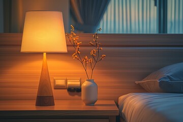 A detailed shot of a stylish bedside with a lit lamp casting a soft glow on the wooden surface and a ceramic vase with delicate flowers